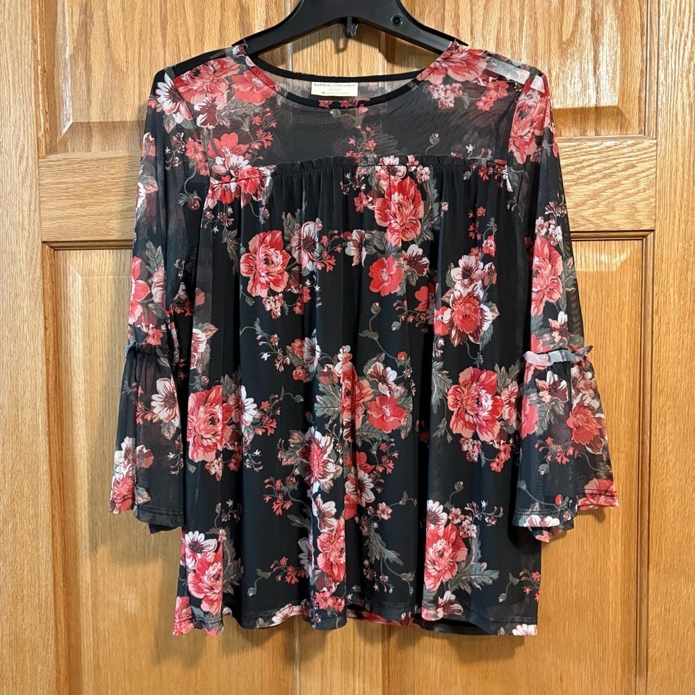Bobbie Brooks Ladies Black w/ Floral Print Sheer Peasant Top Women’s Size M Med